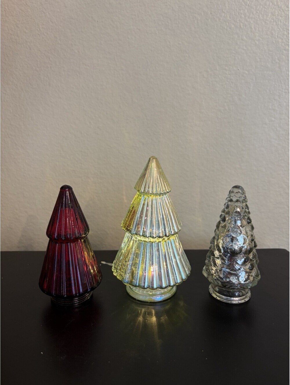 Glass Christmas Trees Lot Of 3 1 With LED Light 2 No Lite 5.5”&4.25”